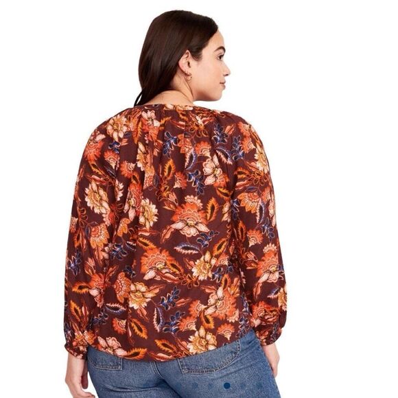 Old Navy 3X Orange Long-Sleeve Split-Neck Top Redwine Vinegar Boho Floral - Picture 2 of 11